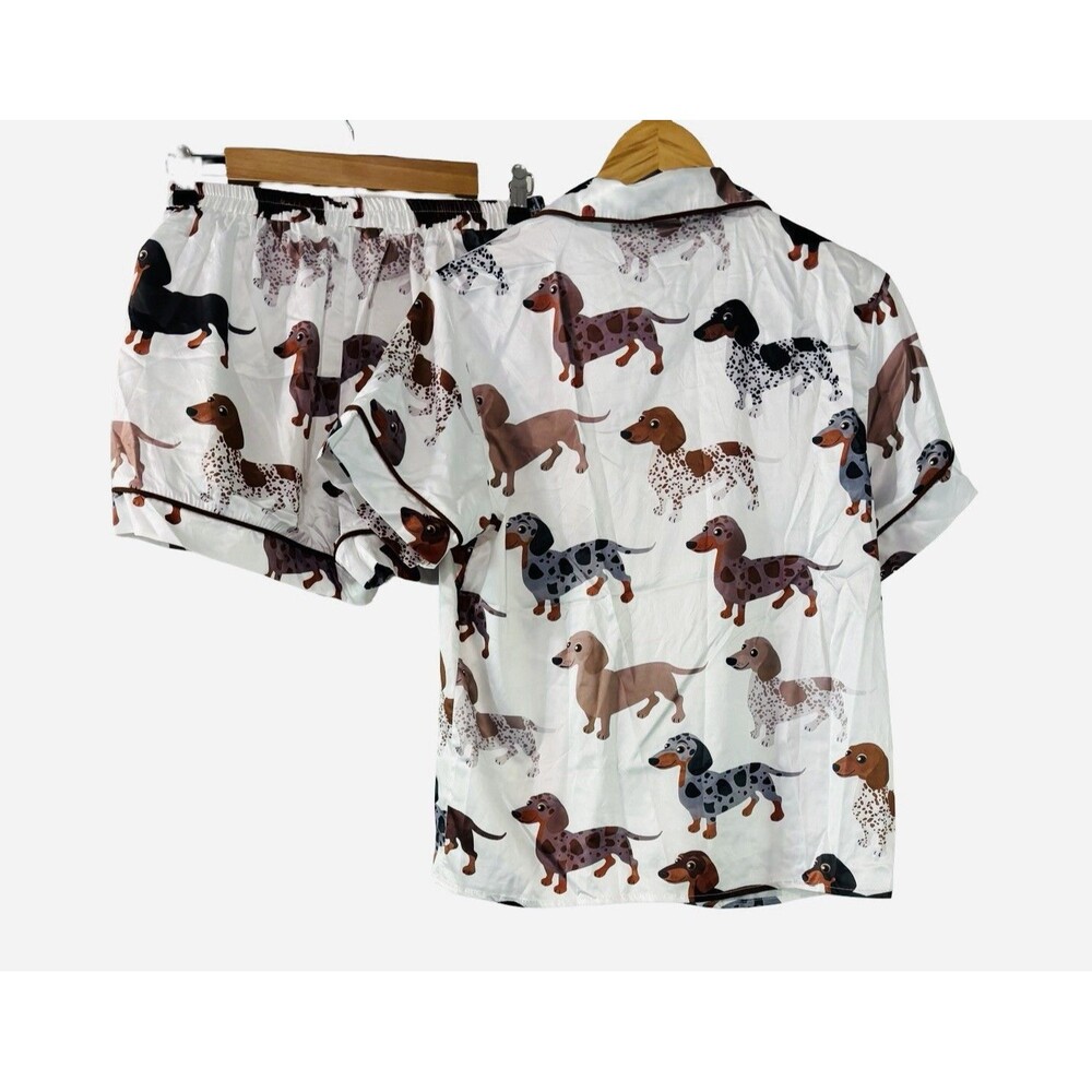 Sheshow White Dachshund Dog Puppy Satin Shorts Button Up Pajama Set Size XS NWT - Picture 3 of 4